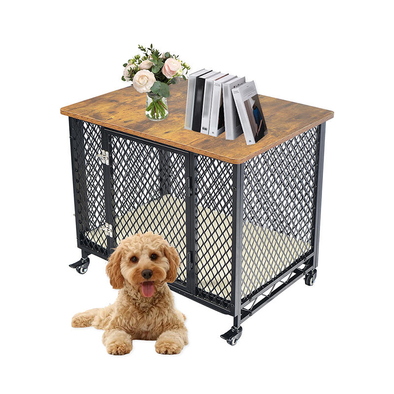 Møbelstil stor træhundbur med hjul og pude Møbelstil stor træhundbur med hjul og pude