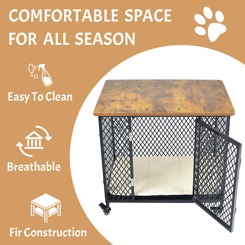 Møbelstil stor træhundbur med hjul og pude Møbelstil stor træhundbur med hjul og pude