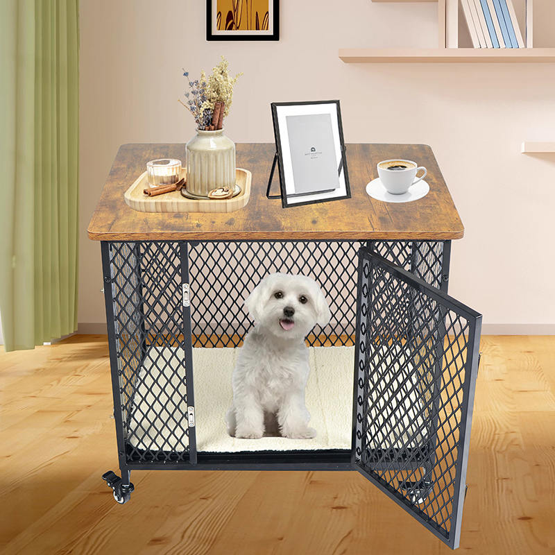 Møbelstil stor træhundbur med hjul og pude Møbelstil stor træhundbur med hjul og pude