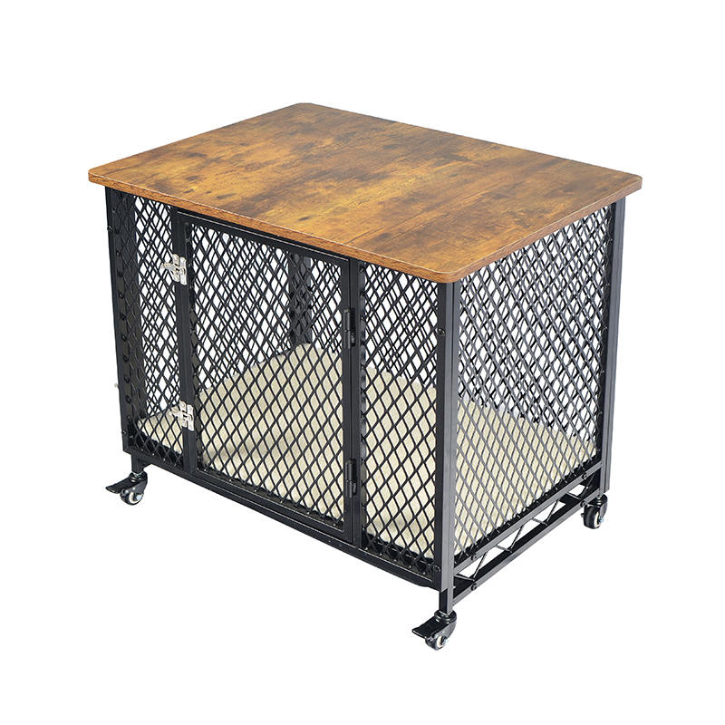 Møbelstil stor træhundbur med hjul og pude Møbelstil stor træhundbur med hjul og pude